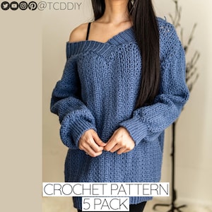 May include: A crochet pattern for a blue oversized sweater with a V-neck. The pattern is available in a 5-pack.