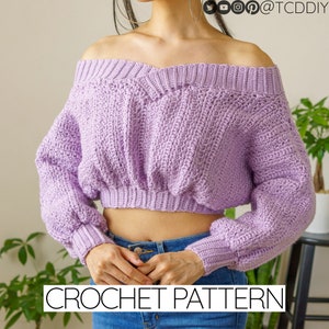 Crochet Pattern | Off the Shoulder Cropped Sweater | Moss Stitch Jumper | PDF Download