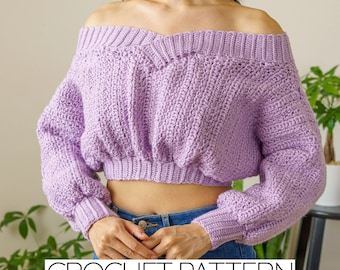 Crochet Pattern | Off the Shoulder Cropped Sweater | Moss Stitch Jumper | PDF Download