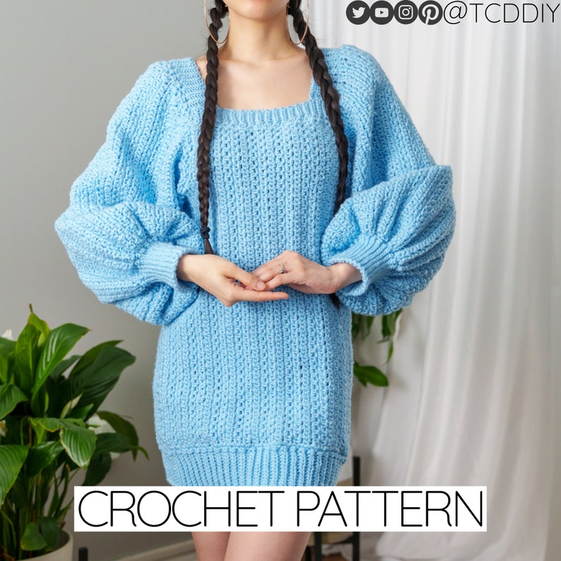 Crochet Pattern Crochet Balloon Sleeve Sweater Dress PDF Download image 1