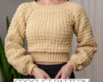 Patrón de crochet / Suéter corto de manga larga / Cuello barco / Jersey de cuello ancho / Descarga PDF