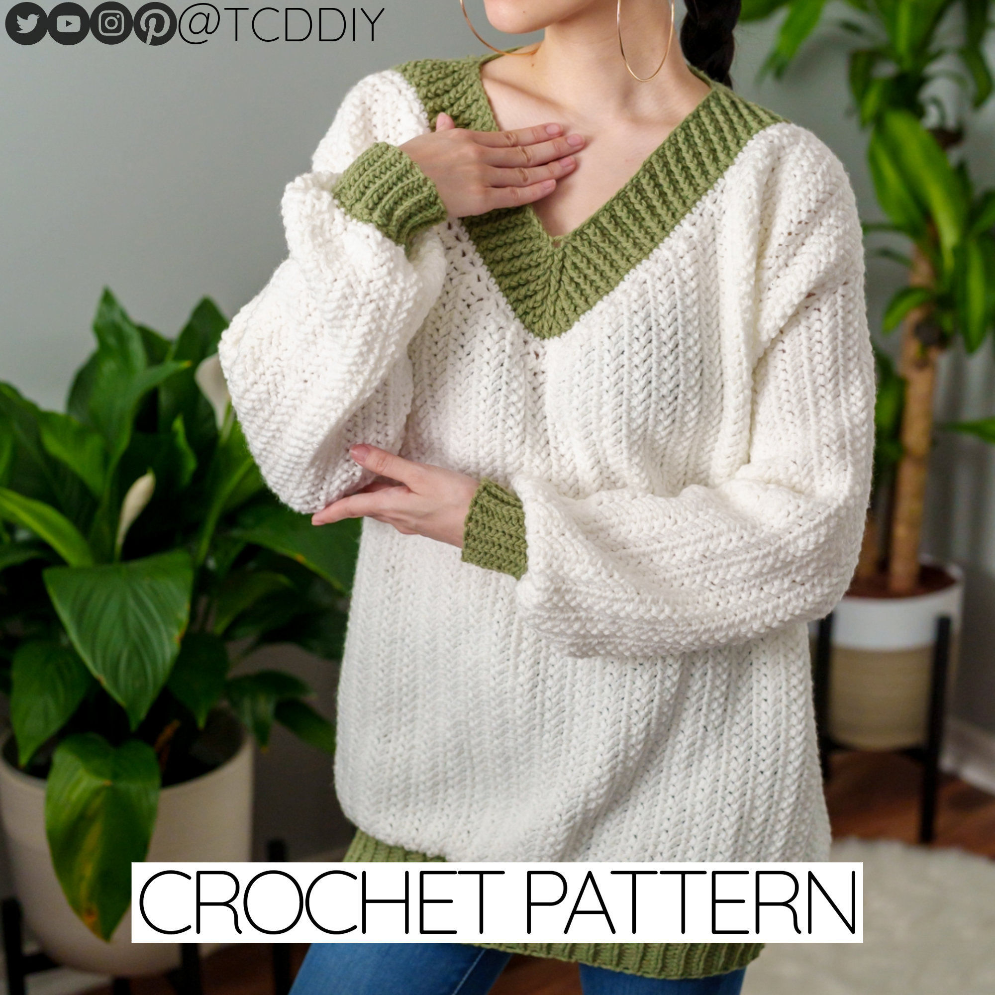 Crochet Pattern | Oversized Herringbone V-neck Sweater W. Thick