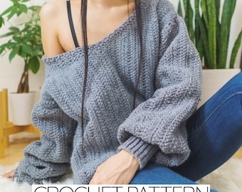 Crochet Pattern | Oversized V Neck Herringbone Sweater | Unisex Off the Shoulder Jumper | PDF Download