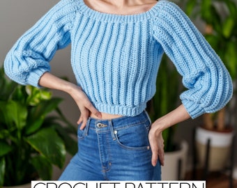 Crochet Pattern | Off the Shoulder Cropped Sweater | 3/4 Sleeve Crop Top Jumper | Ribbed | PDF Download