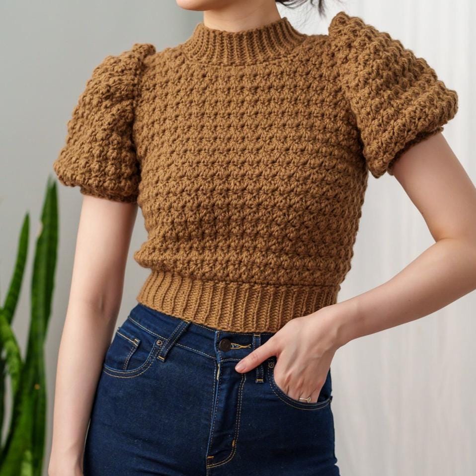 Crochet Pattern | Cropped Mock Neck Puff Sleeve Sweater