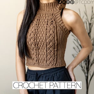 Crochet Cable Stitch Hoodie Vest Pattern: Sleeveless Turtleneck Crop Top (PDF Download)