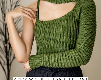 Crochet Pattern | Single Sleeve Turtleneck W. Asymmetrical Cut Out Detail & Ribbing | PDF Download