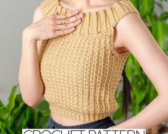 May include: A crochet top pattern in a light beige color. The top is sleeveless and has a square neckline. The pattern is written "CROCHET PATTERN" at the bottom of the image.