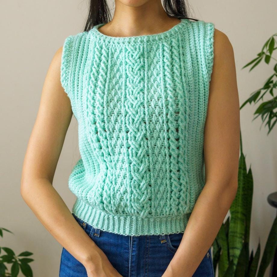Crochet Pattern | Sleeveless Cable Stitch Sweater Vest W