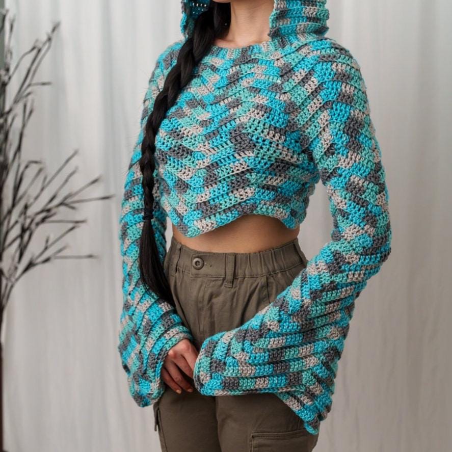 Crochet Pattern #418 | Chevron Bell Sleeve Crop Top Hoodie | PDF