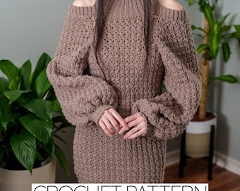 Crochet Pattern | Crochet Cold Shoulder Sweater Dress | Crochet Balloon Sleeve Sweater Dress | PDF Download