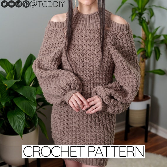 Patron au crochet | Robe pull au crochet à épaules dénudées | Robe pull au crochet à manches ballon | Téléchargement PDF