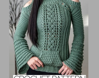 Crochet Pattern | Cable Stitch Cold Shoulder Bell Sleeve Hoodie Pattern | PDF Download