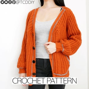 Crochet Pattern | Oversized Cardigan Jacket W. Pockets & Buttons | Ribbed Geometric Open Sweater | PDF Download