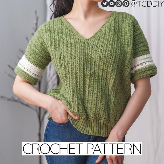 Crochet Pattern | Striped V-neck T-shirt | Ribbed Short Sleeve Top