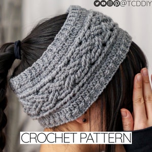 May include: Gray crochet headband with a cable knit pattern. The headband is worn by a person with long black hair.