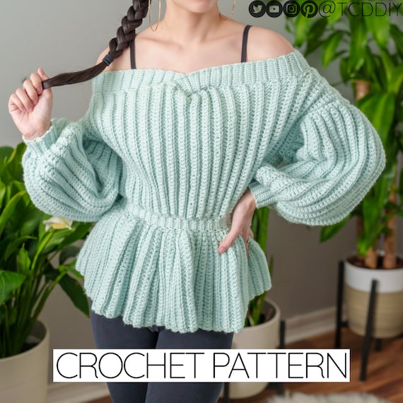 Crochet Pattern | off the Shoulder V Neck Peplum Sweater