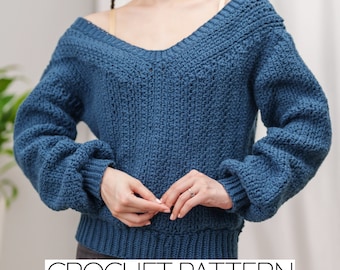 Crochet Pattern Comfy off the Shoulder V-neck Sweater Slouchy