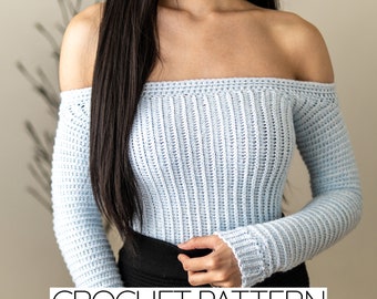 Crochet Pattern #100 | Off Shoulder Long Sleeve Top | Easy Ribbed Jumper | Sweater | PDF Download