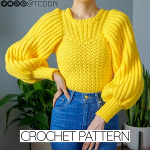 Crochet Pattern | Balloon Sleeve Sweater W. Ribbed Chest & Suzette Stitch Details | Jumper | PDF Download