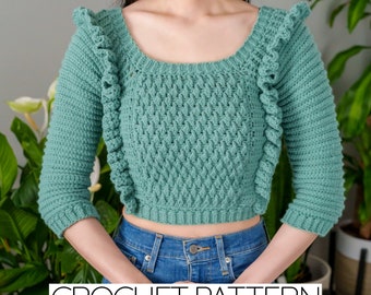 Patrón de top de crochet: Top corto con volantes en punto alpino (Descargar PDF)