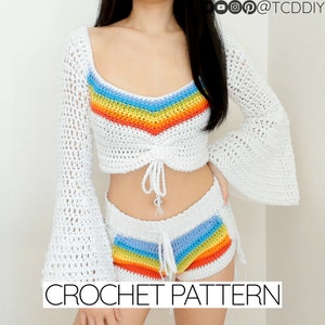 Crochet Pattern Bundle | Rainbow Bell Sleeve Cinch Tie Crop Top & Corset Shorts W. Drawstring | PDF Download