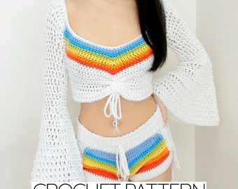 Crochet Pattern Bundle: Rainbow Bell Sleeve Crop Top & Corset Shorts (PDF Download)