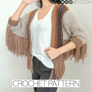 Crochet Pattern | Batwing Cardigan Sweater Jacket W. Fringe 3/4 Sleeve & Ribbing | PDF Download