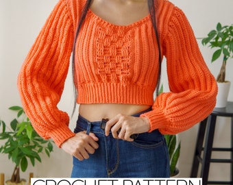 Crochet Pattern | Balloon Sleeve Basketweave Sweater Pattern | PDF Download