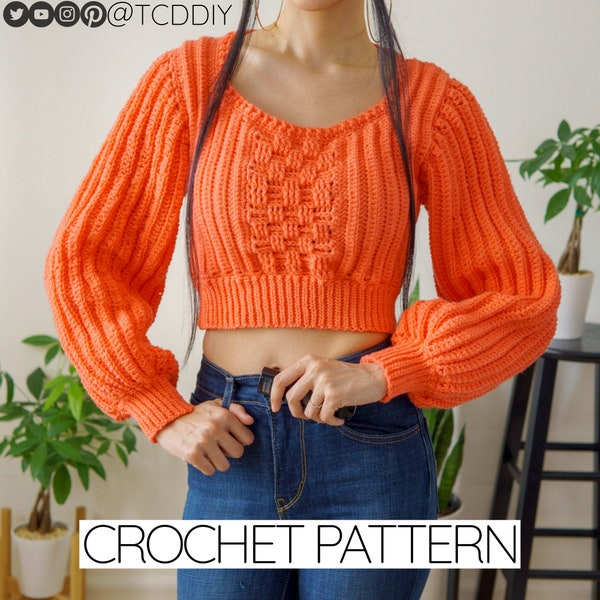 Modello per maglione corto all'uncinetto con maniche a palloncino: punto intrecciato (download PDF)