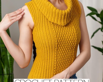 Crochet Pattern | Cowl Neck Cap Sleeve Top | Alpine Stitch Sweater Vest | PDF Download