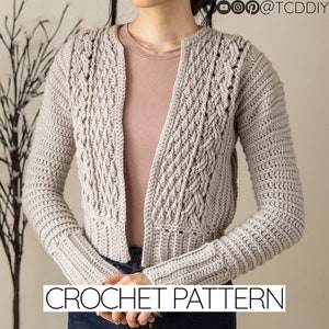 Crochet Pattern | Cable Stitch Cropped Cardigan Jacket W. Alpine Detail Pattern | PDF Download