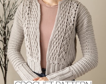 Crochet Pattern | Cable Stitch Cropped Cardigan Jacket W. Alpine Detail Pattern | PDF Download