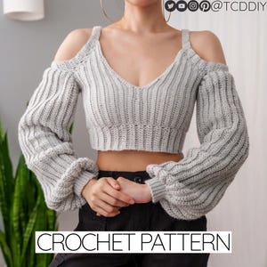 Häkelanleitung | Kalte Schulter kurz geschnittener Ballonärmel-Pullover | Pullover Crop Top | PDF-Download
