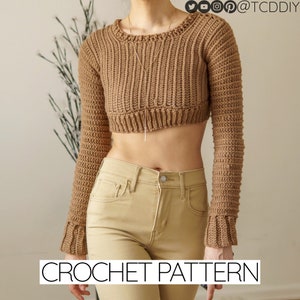Crochet Pattern | Cropped Long Sleeve Sweater | Ribbed Crew Neck Crop Top Jumper | PDF Download