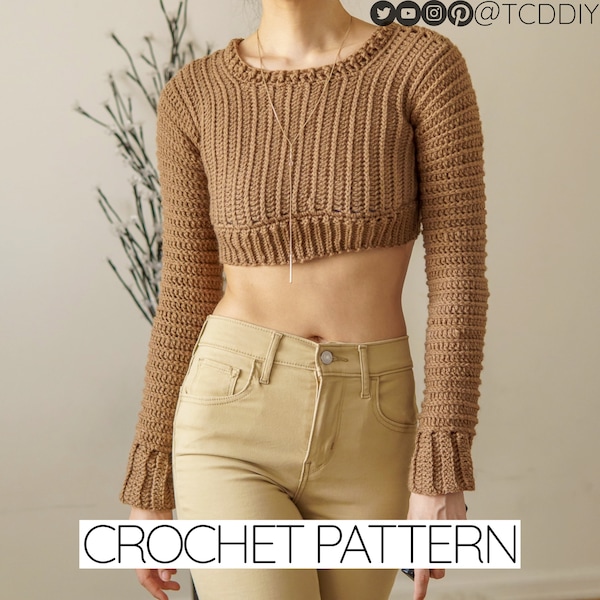 Modello all'uncinetto / Maglione corto a maniche lunghe / Maglione corto a coste con scollo rotondo / Download PDF