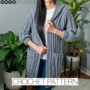 Crochet Pattern | Duster Cardigan W. Pockets & Hood | Ribbed | 3/4 Sleeve | PDF Download