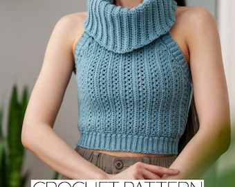 Patrón de crochet / Chaleco de suéter con cuello vuelto corto / Top halter sin mangas con cuello alto / Descarga PDF