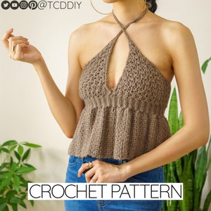 Crochet Pattern | Babydoll Peplum Ruffle Halter Top W. Suzette Stitch Detail | PDF Download