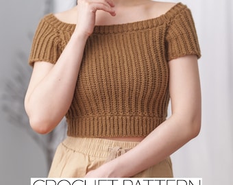 Patrón de crochet / Camiseta corta de cuello barco / Top de manga corta / Descarga PDF