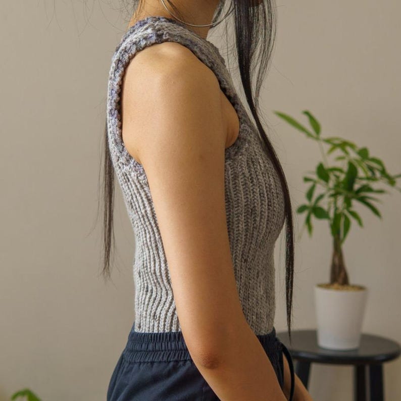 TCDDIY crochet pattern for an Easy Crochet Tank Top featuring a stretchy knit-like design. Crafted using Red Heart Super Saver yarn in Soapstone and Dove, side view.