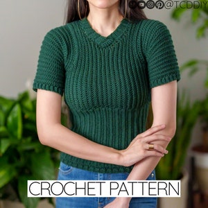 Crochet Pattern | Ribbed Short Sleeve V-Neck T-Shirt Top | PDF Download