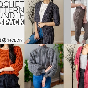 Crochet Pattern Bundle | Mock Neck Sweater | Cable Stitch Sweats | Cable Stitch Duster | Easy Sweater | Cardigan w. Pockets | PDF Download