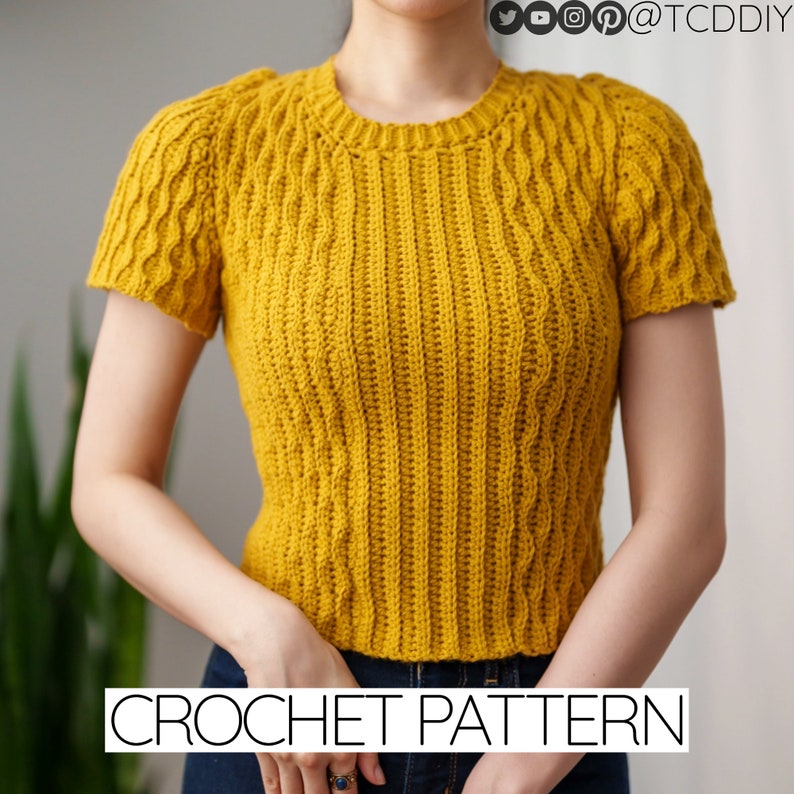 TCDDIY crochet pattern for a modern short sleeve crew neck t-shirt with almond stitch detail, crafted using Lion Brand Pound of Love yarn in Maize.