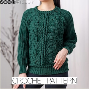 Häkelanleitung | Zopfmuster Rundhalspullover W. Alpine Detail | Gerippter Pullover | PDF-Download