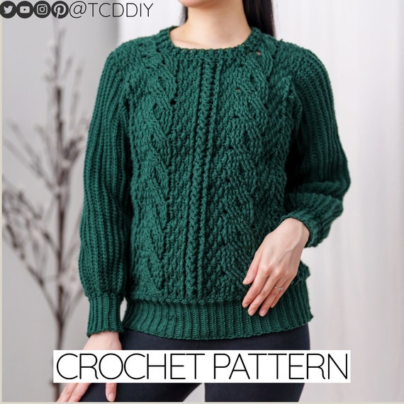 Crochet Pattern #447 | Cable Stitch Crewneck Sweater W. Alpine Detail | Ribbed Jumper | PDF Download
