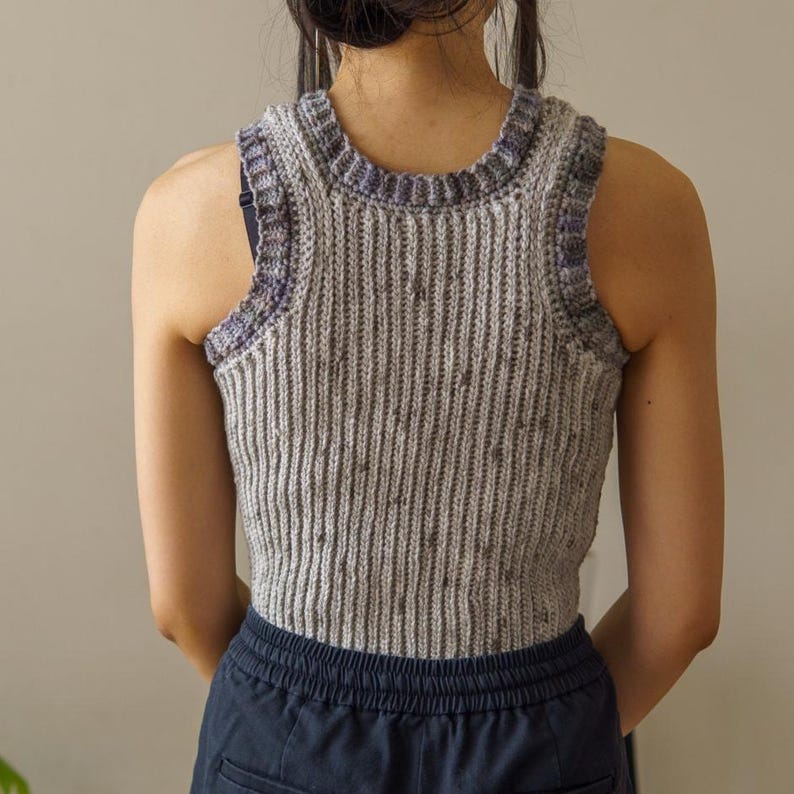 TCDDIY crochet pattern for an Easy Crochet Tank Top featuring a stretchy knit-like design. Crafted using Red Heart Super Saver yarn in Soapstone and Dove, back view.