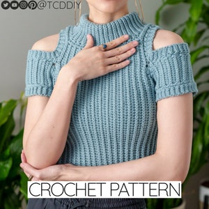 Crochet Pattern | Cropped Cold Shoulder Turtleneck Top | Ribbed Short Sleeve Shirt | PDF Download