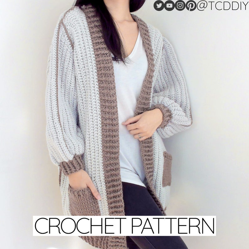 TCDDIY crochet pattern for an Oversized Reversible Cardigan featuring a ribbed two-toned design, pockets, crafted using Lion Brand Pound of Love yarn in Elephant Grey and Taupe.