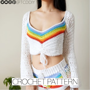 Crochet Pattern | Rainbow V-Neck Bell Sleeve Crop Top W. Front Tie Cinch | PDF Download